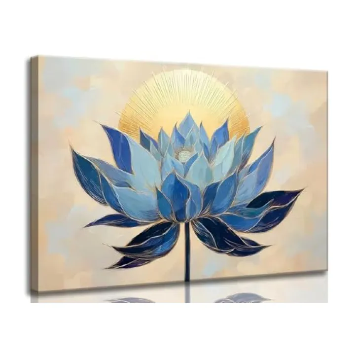 Zen Canvas Wall Art Abstract Blue Lotus Flower Boho Sunrise Gold Sun Spiritual Painting Pictures Wall Decor Poster Print Artwork for Office Yoga Room Spa Room Meditation Room Home Decoration