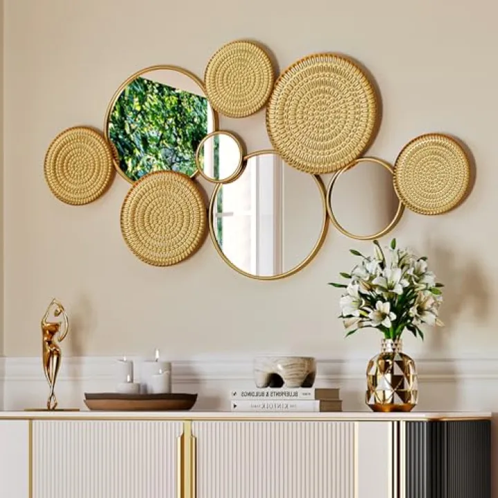 PERHOM 45"x23" Multiple Circle Mirrors for Wall Decor, Thick Metal Framed Decorative Mirror, Modern Wall Art Sculptures for Living Room, Entryway, Bedroom, Dinner Room, Fireplace