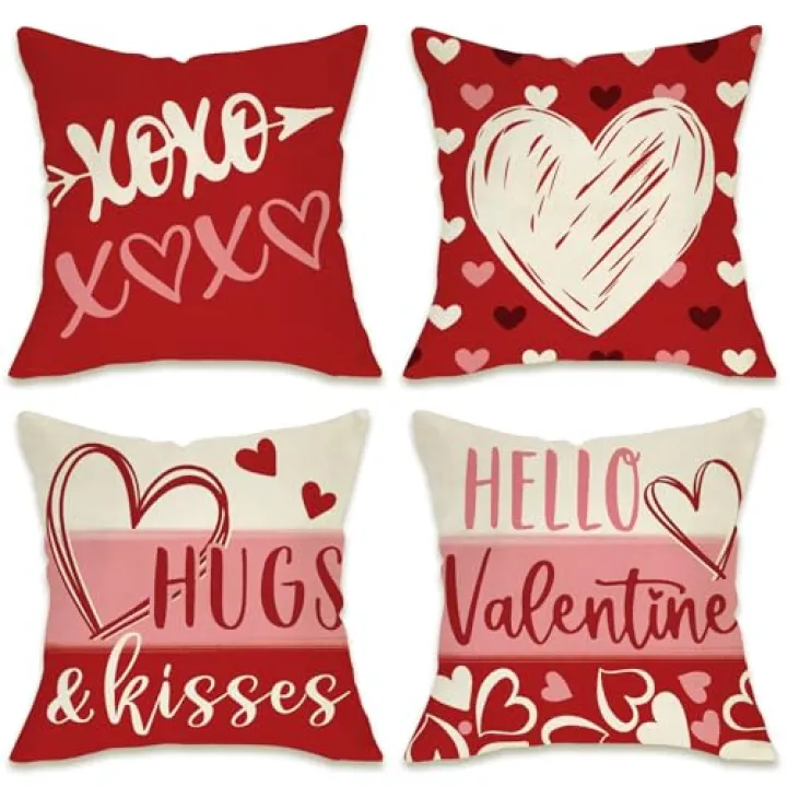 Fahrendom Hello Valentines Day Decorative Throw Pillow Covers 18 x 18 Set of 4, Red Pink Love Heart Hugs Kisses Outdoor Pillowcase, Romantic Anniversary Wedding Sofa Couch Cushion Case Home Decor