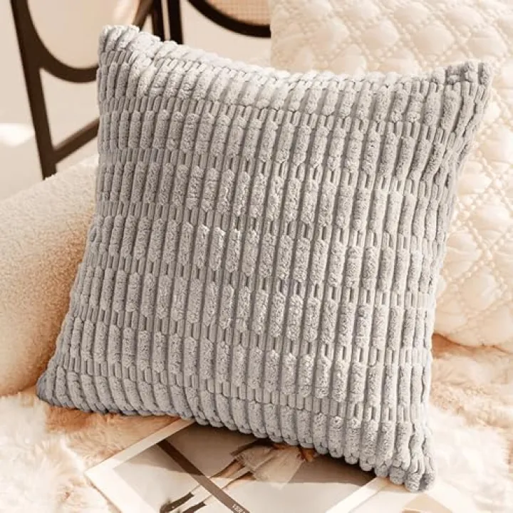 18"x18" Light Gray Corduroy Decorative Throw Pillow Covers, Pack of 1 Boho Soft Striped Square Cushion Case for Sofa, Couch, Living Room, Bed, Farmhouse, Home Decor