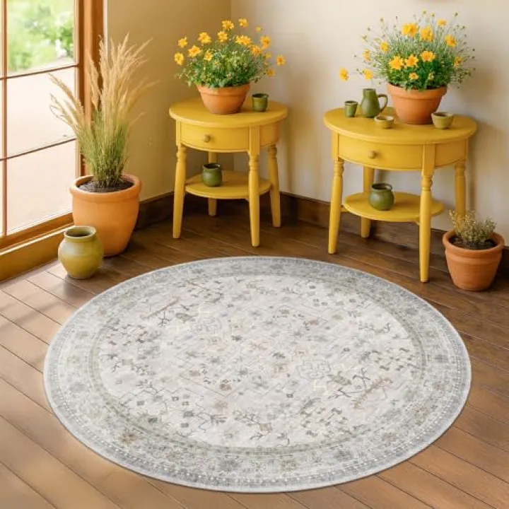 Light Gray Boho 3ft Small Round Area Rugs for Entryway Indoor Entrance, Living Room, Non Slip Washable Soft Modern Throw Circle Rugs for Bathroom Low Pile, Kitchen Floor Mat Stain Resistant