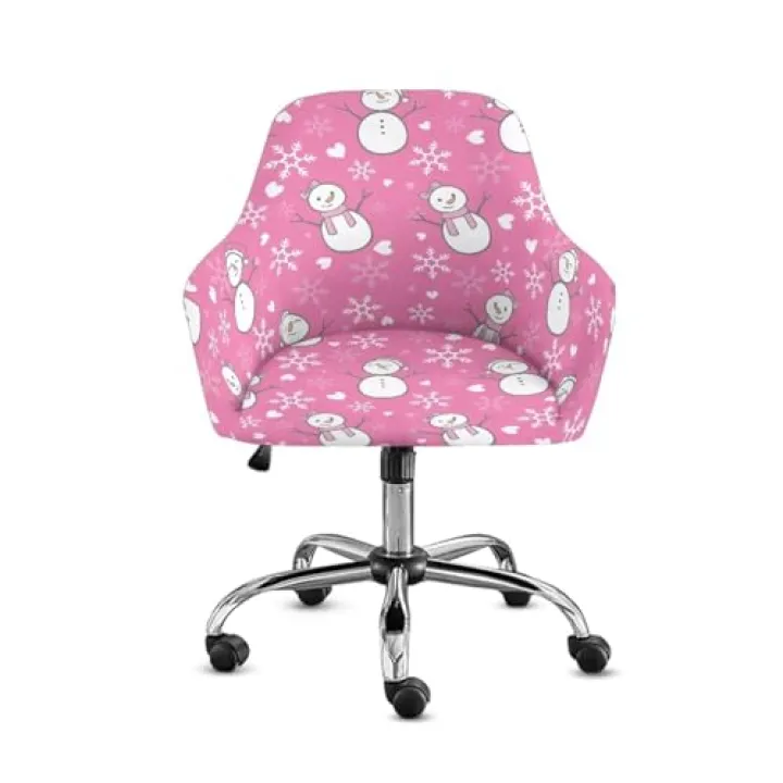 TSOVTHRID Christmas Vanity Chair Cover with Arms Stretchable Dining Room Chair Slipcovers Cute Snowman Armchair Slipcover One Piece Pink Club Armchair Covers for Indoor