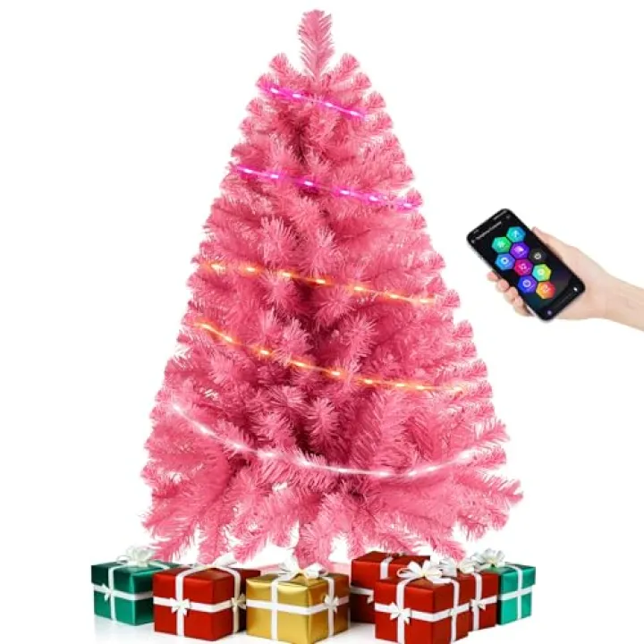 Pink 3ft Christmas Tree with Lights, Small 36inch Artificial Tree Mini Table Top Decorations, Xmas Desk Tree with 80 Colored Lights, 200 Branch, Holiday Decor for Home,Indoor Office Tabletop