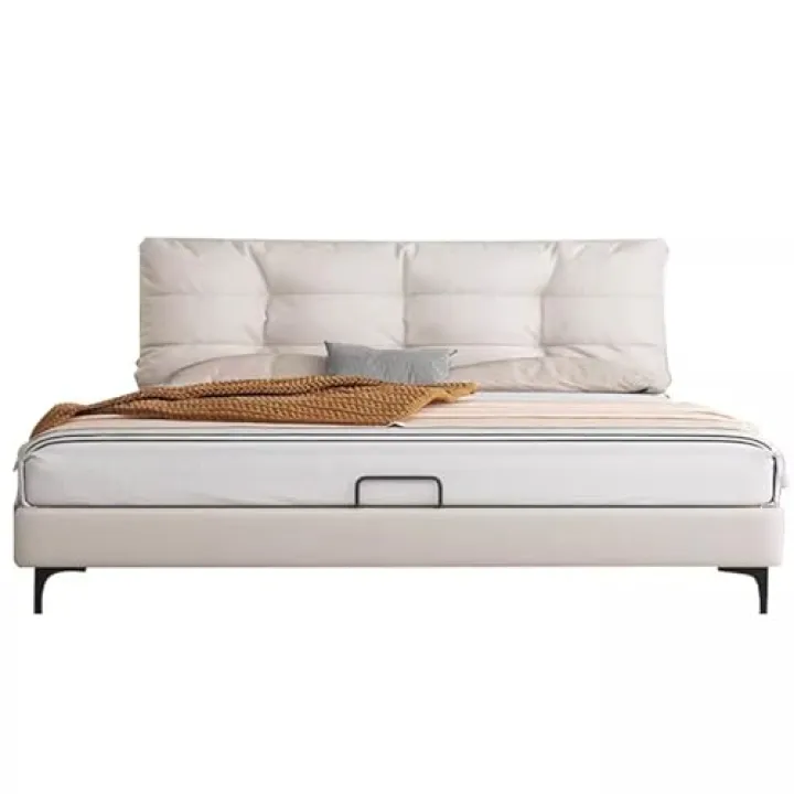DLCQIJI Luxury Genuine Leather Wood Bed, Queen Size Upholstered Platform Bed Frame with Headboard and Lift Up Storage Strong Wooden Slat Support, No Box Spring Needed, Noise Free, Easy Assembly