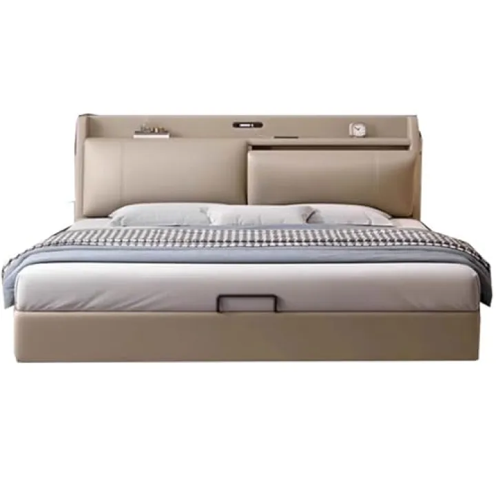 DLCQIJI Simple Genuine Leather Bed, Queen Size Storage Platform Bed Frame with Headboard and Storage Drawers Strong Wooden Slat Support, No Box Spring Needed, Noise Free, Easy Assembly
