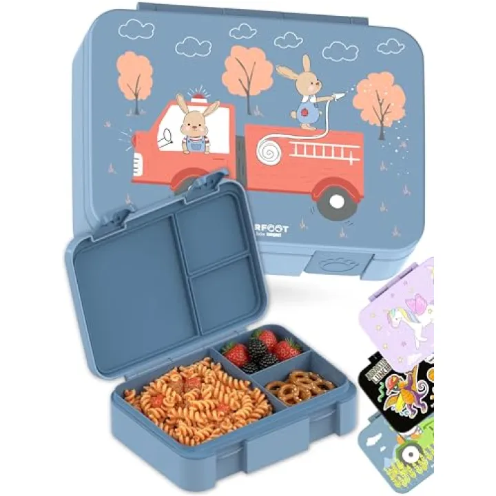 BEARFOOT Kids Lunch Box with Compartments – Compact & Lightweight | Leak-Proof, BPA-Free, Dishwasher Safe | Hand-Drawn Design for Preschool, School, Travel (Firetruck Bunnies Blue, 4 Cups)