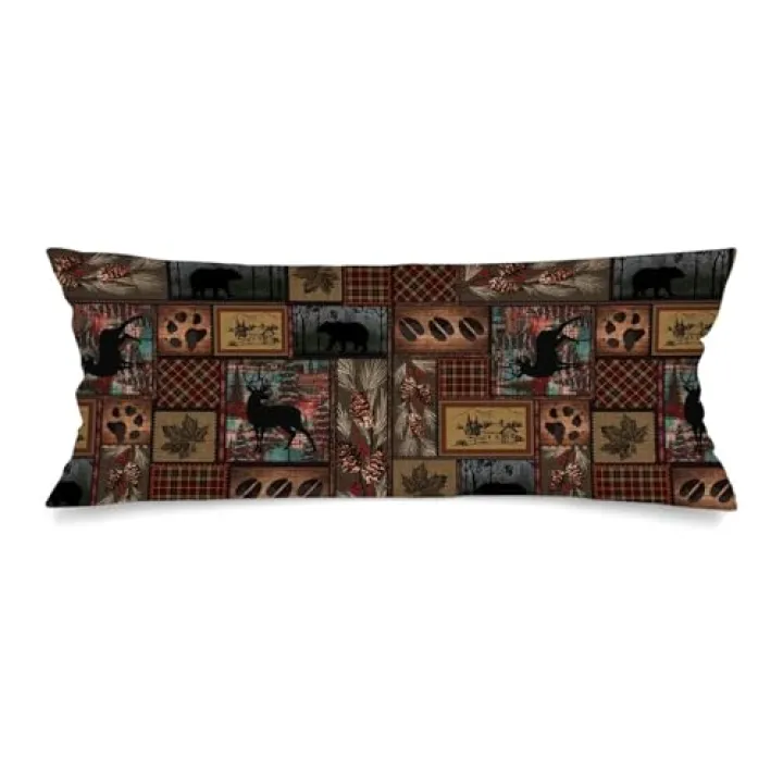 Retro Brown Lumbar Pillow Cover 14x36 Long Body Pillow Covers for Bed,Rustic Cabin Lodge Bear Moose Deer Country Decorative Accent Throw Pillowcase Vintage Pillowcases Couch Pillows Cover for Bedroom