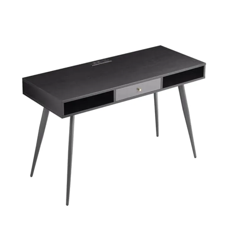 Computer Desk with Drawers,Mid Century Wood Writing Desks for Home Office,Gaming,Bedroom,Study Tables,47 Inch Modern Work Table with Storage Spaces,USB Ports,Power Outlet,Easy Assembly,Blac