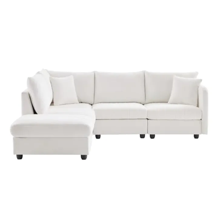 Sofa Set for Living Room Clearance，5-Seater Modular Sectional Sofas Bed with Movable Ottoman, L-Shaped Cloud Couch for Bedroom, Deep Seat Sleeper Couches with Throw Pillows,Furniture Sets,White，5Seat