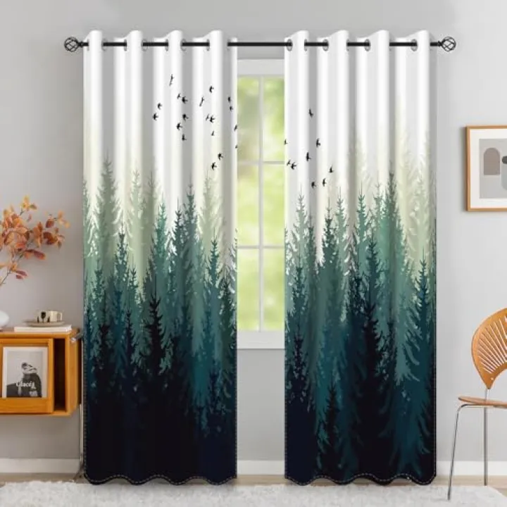 Laeacco Green Misty Forest Blackout Curtains Watercolor Pine Tree Forest Curtain Drapes Foggy Woodland Natural Scenery Window Curtains for Home Office Bedroom Living Dining Room 42x63 Inch, 2 Panels