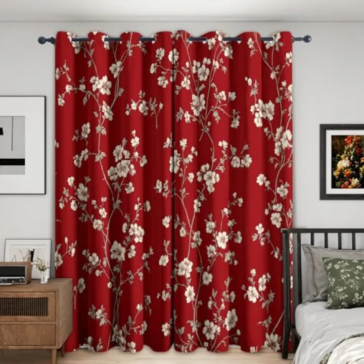 Red Cherry Blossom Curtains for Bedroom Decor, 54 Inches Long, Asian Oriental Floral Pattern Design Blackout Drapes, Flower Botanical Curtains for Living Room, 2 Panels Set B&-1982