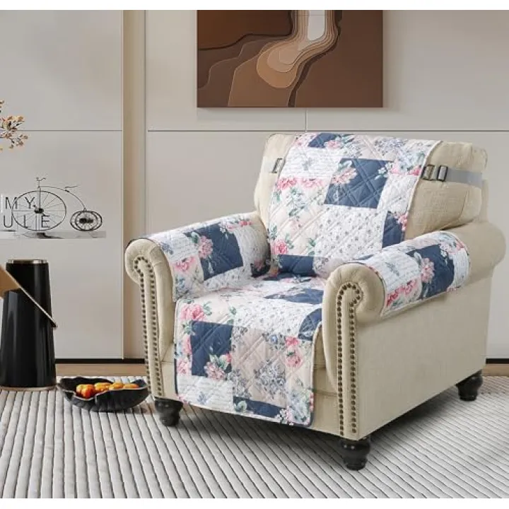 Brilliant Sunshine Roses in Beige Couch Cover, Quilted Chair Slipcover, 23" Seat Width, Slip Resistant Furniture Protector, 2" Strap, Washable Armchair Cover for Pets, Kids, Vintage Indigo