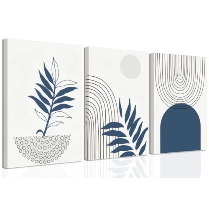 Navy Blue Boho Canvas Wall Art Set of 3 Abstract Bohemian Poster Wall Decor Minimalist Mid-Century Modern Picture Print Geometric Botanical Lines Painting for Bedroom Office Bathroom 12x16in Framed