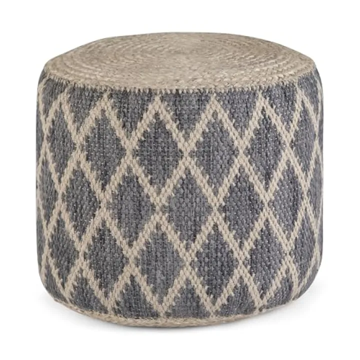 Round Pouf Ottoman - Grey & Natural Woven Cotton Jute - Foot Rest Stool, Accent Seating for Living Room, Bedroom - 18" x 18" x 14"