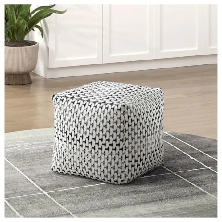 Square Pouf Ottoman - Jacquard Fabric Upholstery, Modern Floor Pouf, Non-Slip Footstool, 16x16x16, Multi-Color Bean Bag Chair