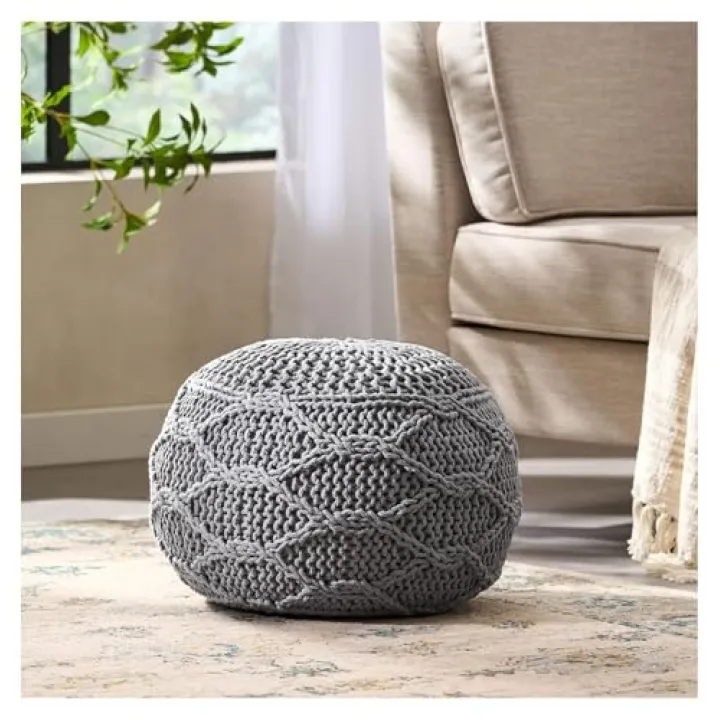Cotton Pouf - Modern Knit Ottoman, 20” Round Floor Cushion, Soft Home Decor