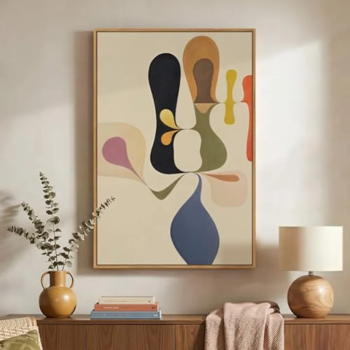 Framed Boho Abstract Colorful Geometric Wall Art for Living Room, Neutral Mid Century Modern Print Canvas Artwork for Walls, Vertical Contemporary Scandinavian Wall Decor for Bedroom Office, 24x36 In