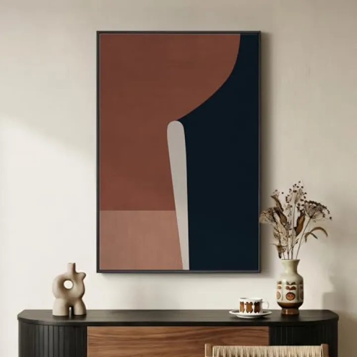 Framed Abstract Brown Geometric Wall Art for Living Room, Neutral Minimalist Boho Shapes Print Canvas Artwork for Walls, Vertical Mid Century Modern Dark Blue Wall Decor for Bedroom Office, 24x36 In