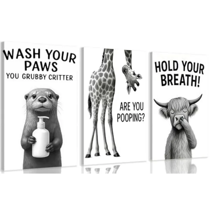 3Pcs Black White Bathroom Animal Canvas Wall Art Funny otter giraffe Highland Painting Picture Wall Decor Vintage Bathroom Animal Poster Print Artwork for Toilet Restroom Washroom Home Decoration