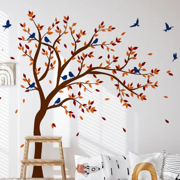 Large Tree Wall Decals,Autumn Nursery Tree Wall Sticker Decors,Peel and Stick Autumn Theme Art Decals for Kids Bedroom Nursery Playroom Library Living Room and Bedroom Decoration