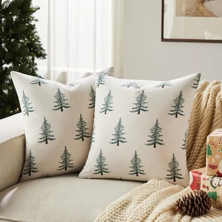 YZJZEDS 100% Cotton Christmas Pillow Covers Set of 2, 18x18 Inch Christmas Green, Winter Tree Print Decorative Xmas Throw Pillow Covers Cushion Case Winter Home Decor for Sofa Bed Living Room