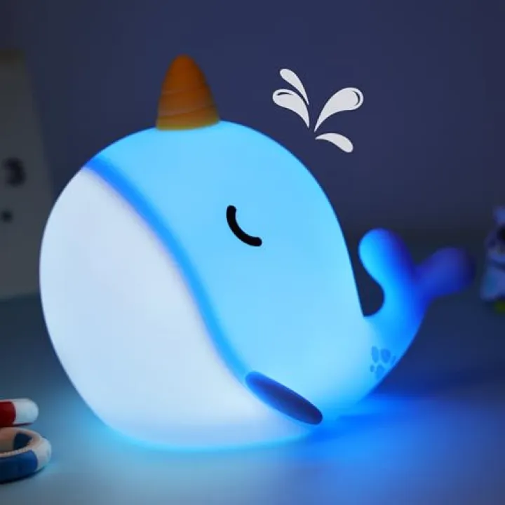 Okayera Whale Night Light, Narwhal Squishy Night Lamp with 3-Level Dimmable & 30 Mins Auto-Off & Rechargeable, Cute Bedside Animal Whale Decor for Nursery, Baby Kids Room