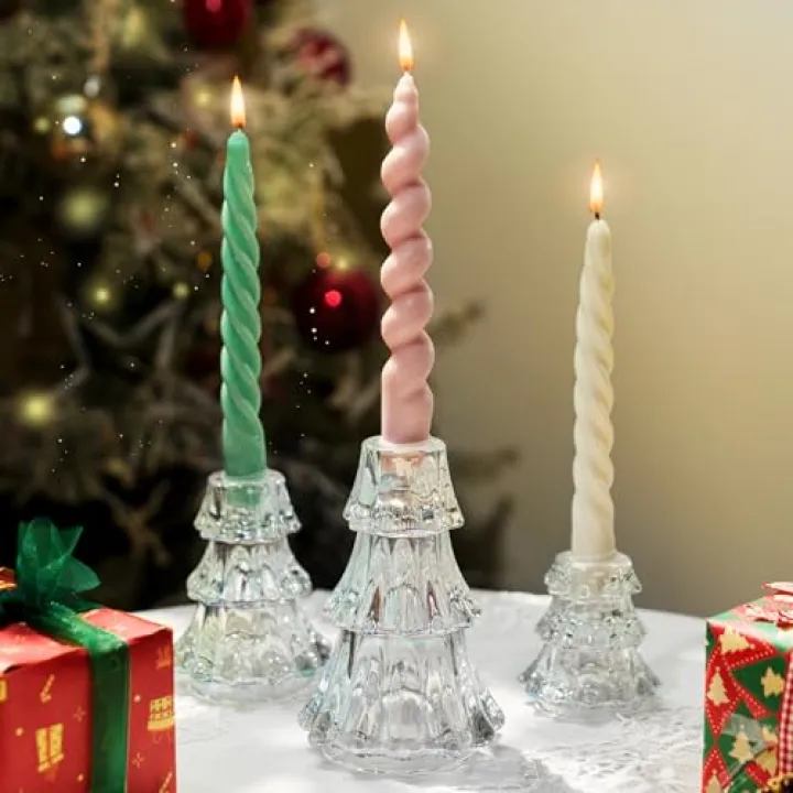 CHILL RECIPE Christmas Tree Candle Holders Xmas Glass Taper Candlestick Holders Thickened with Rubber Candle Grippers for Decoration Table Centerpiece Dinner Party Home Decor(Sparkly Clear 3Pcs &Box)