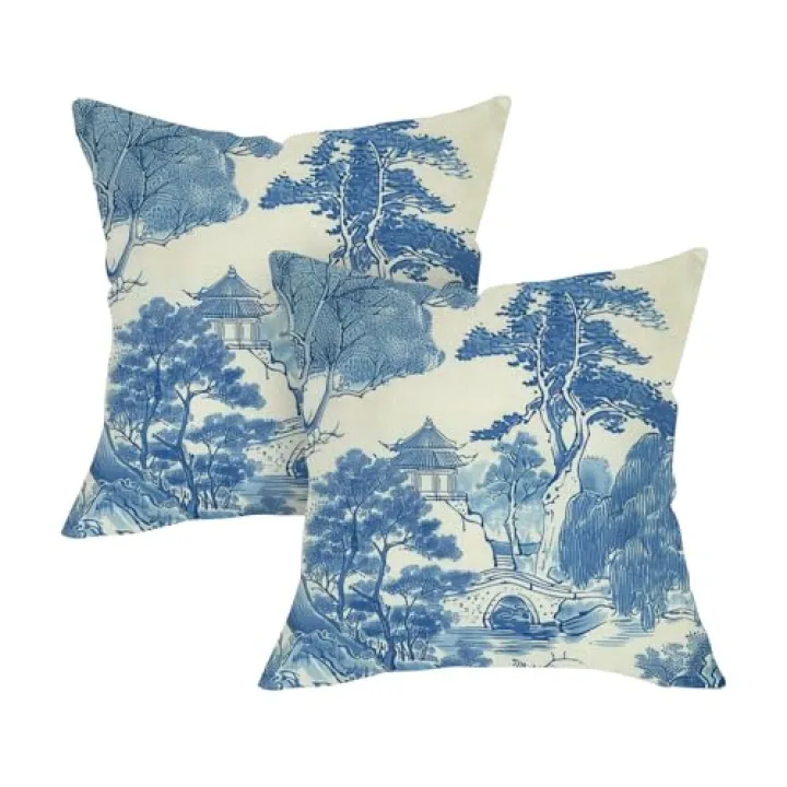 Fjfz Chinoiserie Scenery Decorative Throw Pillow Covers 18 x 18 Set of 2, Vintage Blue Landscape Painting Art Garden Outdoor Home Decor, Retro Sofa Couch Cushion Case Housewarming Gift