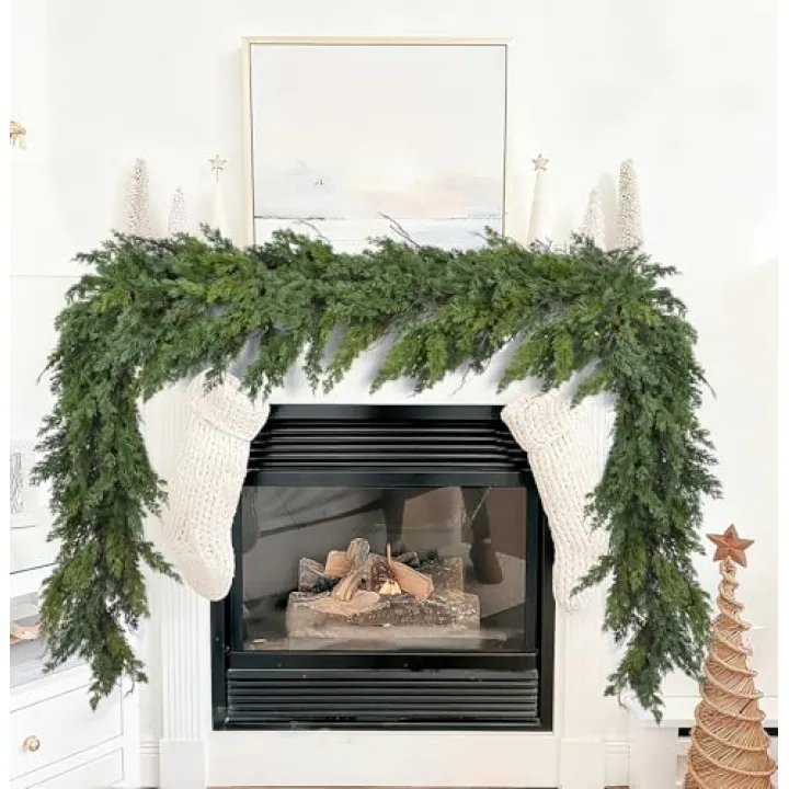 Lvydec Christmas Pine Garland Greenery Decoration, 6ft Realistic Cedar Branches Pine Leaves Cypress Garland for Holiday Mantel Fireplace Table Centerpiece