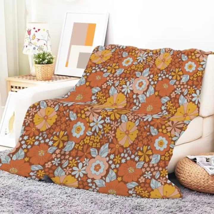 ANIOXCK Throw Blanket for Couch, 300GSM Warm Soft Cozy Flannel Blanket, Cute Blanket for All Seasons Bedroom Home Decor Gifts, Cute Orange Boho Flowers 50x60 Inches