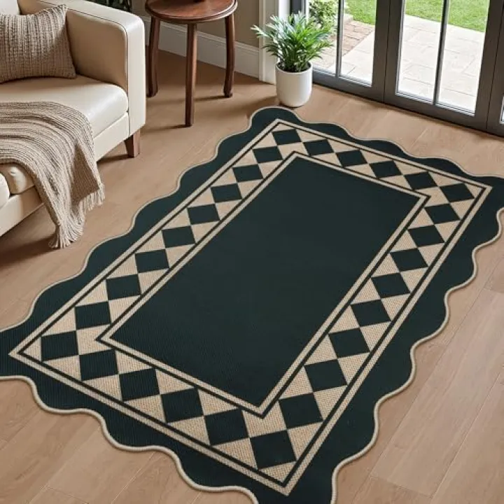 LORWER Modern Easy Jute Rug, 3x5 Outdoor Patio Washable Area Rug, Geometric Diamond Indoor Black Carpet Farmhouse Neutral Non Slip Throw Rugs for Porch Entry Backyard Decor