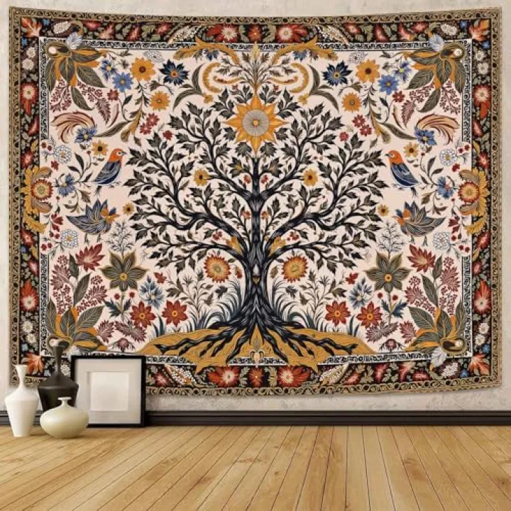 Lunerfex Folk Art Wall Tapestry - Tree of Life with Sun and Bird Wall Hanging for Bedroom and Living Room - Boho Floral Tapestries 60"x44"