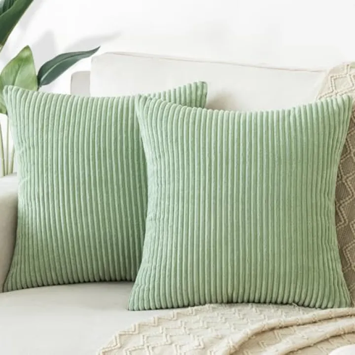 Softalker Throw Pillow Covers 18x18, Set of 2 Decorative Soft Corduroy Striped Boho Pillow Covers, Outdoor Cushion Pillow Cases for Spring,Farmhouse Decor, Couch Sofa Easter & Living Room, Sage Green