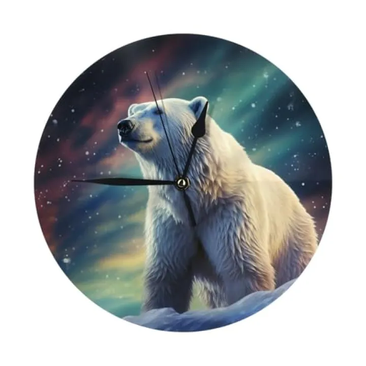 LKWSCGHM Northern Lights Polar Bear Wall Clock Modern 10 Inch Silent Non-Ticking Wall Clocks Battery Operated - Analog Clock Decorative Round Wooden Clocks for Office, Home, Bathroom, Kitchen