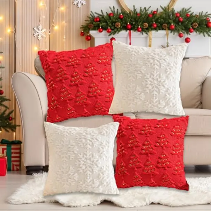 Christmas Throw Pillow Covers Set, 18"x18" 4Pcs Decorative 3D Embroidered Winter Holiday Pillow Cases for Couch Sofa Bed Room Home Decor, Soft Snowflake Tree Reindeer Cushion Covers Xmas Decorations