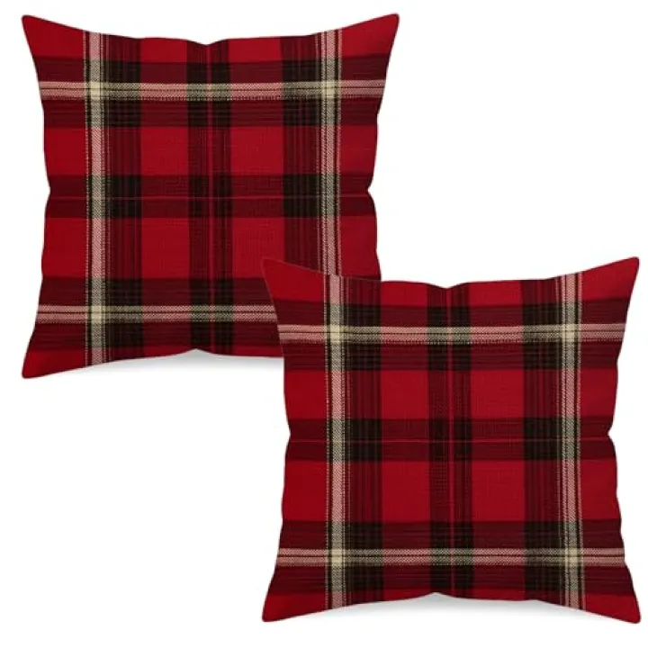UZFNY Set of 2 Red Buffalo Plaid Check Throw Pillow Covers 18x18 Inch Rustic Christmas Farmhouse Decorative Cushion Cases Double-Sided Winter Home Decor for Sofa Couch