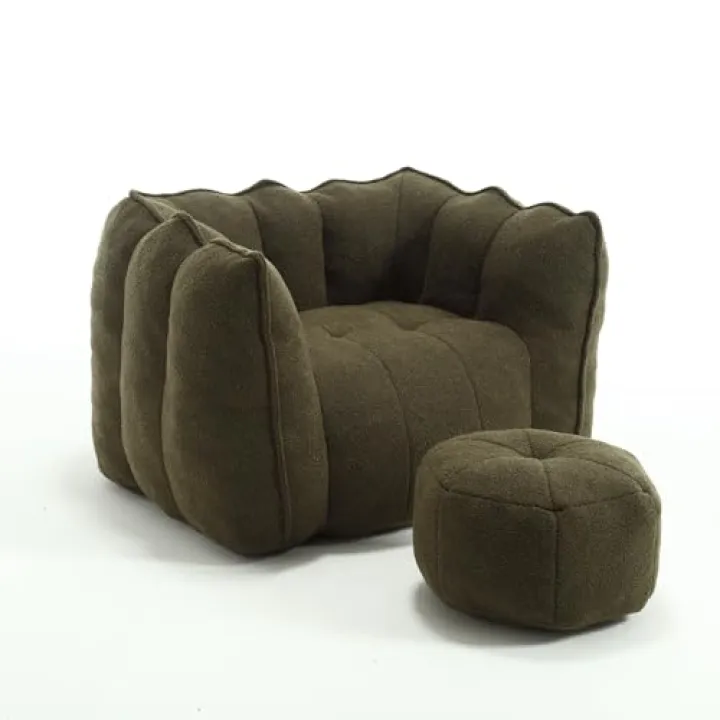 41.2" Chenille Bean Bag Sofa with Matching Ottoman, Lazy Floor Armchair with Ergonomic Backrest, Boneless Lounge Chair with High Resilient Foam for Living Room,Bedroom,Apartment