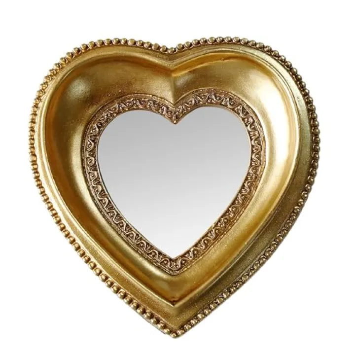 PYOAGT Golden Mini Vintage Mirror with Exquisite Relief Elegant Wall Decor for Bedroom Dresser Table Compact Resin Retro Design (Heart, 4.3X4.3)