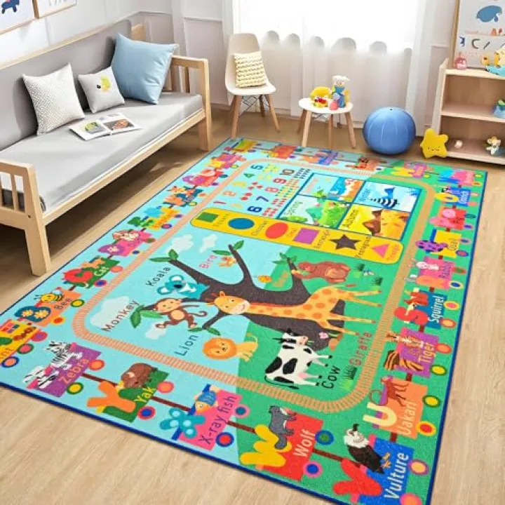 Zedrew Kids Rug for Playroom, 4x6 ABC Educational Carpet for Classroom, Fun Alphabet Area Rugs for Learn Numbers Season Animal Weather and Shapes Playmat for Girls Boys Room Nursery Decor