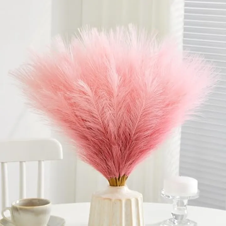 Cilimnas 50pcs Faux Pampas Grass,17.7" Artificial Fluffy Pampas Grass Decor Short Fake Pompos for Home Room Birthday Party Centerpieces Decoration(Gridient Pink)