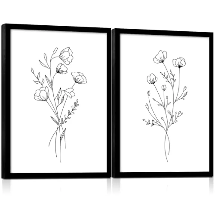 Framed Set of Two Canvas Wall Art Simple Botanical Line Print Black and White Floral Poster Modern Gallery Print for Living Room or Bedroom Wall Decor 12x16 Inch