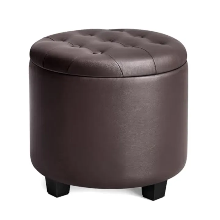 SONGMICS Round Ottoman, Ottoman with Storage, 17.7 x 17.7 x 17.5 Inches, Foot Rest with Legs, Synthetic Leather, Load up to 330 lb, for Living Room, Bedroom, Chestnut Brown ULOM014K01