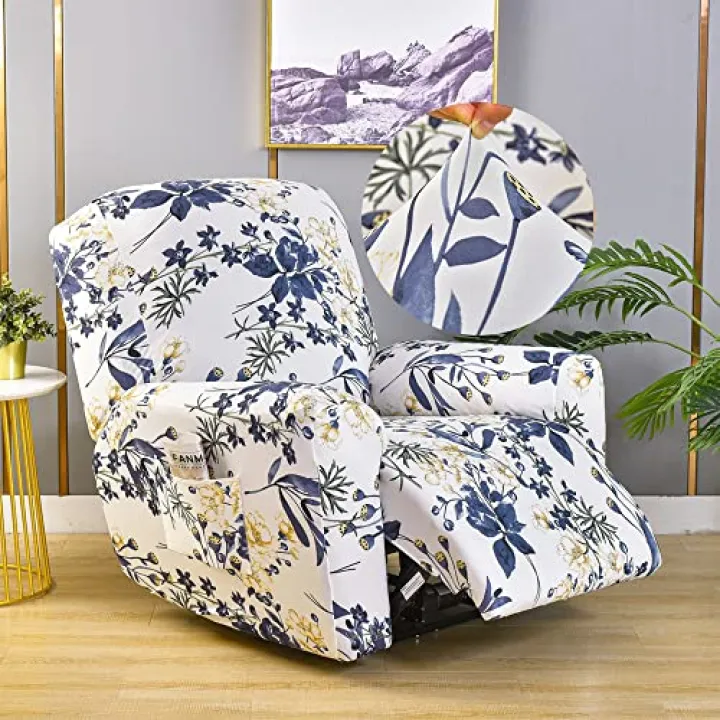 IQMALNTYT Floral Print Recliner Chair Covers for Electric Chair, 4 Pieces Stretch Recliner Slipcovers with Pockets Non Slip Sofa Cover Furniture Protector for Living Room (Blue Flower Vine)