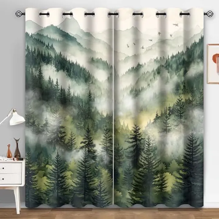 HIYSMT Misty Forest Landscape Curtains,4284inch Foggy Mountain Valley Natural Scenery Blackout Window Drapes for Bedroom Living Room Decoration,2Panel HI085YL