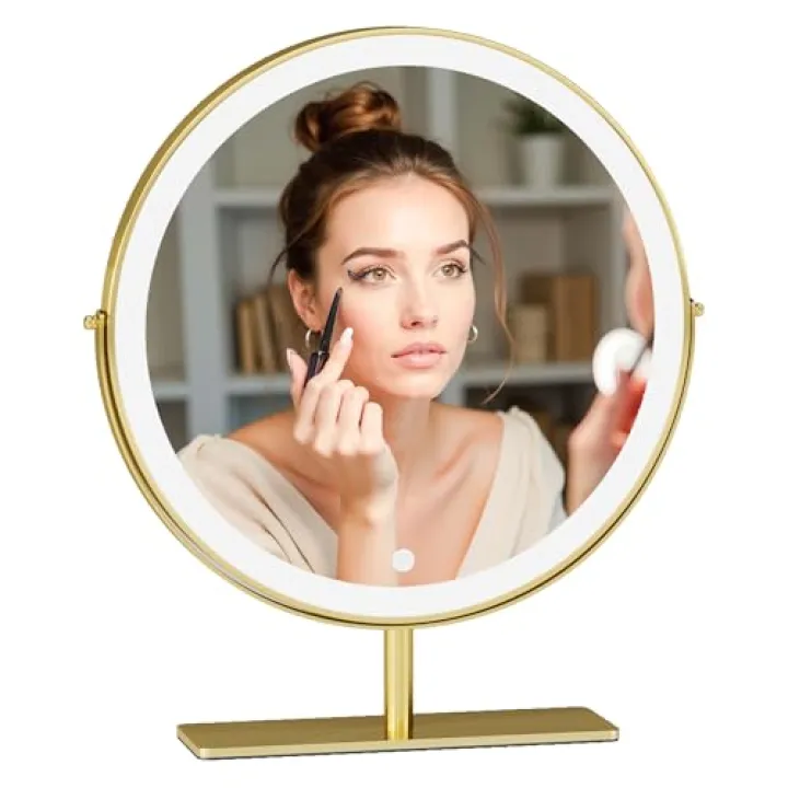 12.2-inch Round Dressing Mirror, Household and Student Dormitory Makeup Mirror, Three-Color LED Light, Smart Touch 360° Rotation, dimmable (Golden)