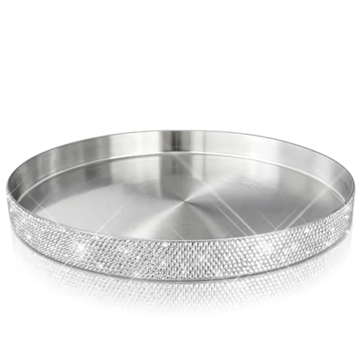Leuhiove Round Bling Stainless Steel Serving Tray, Shiny Serving Platter for Coffee Table Display, Glitter Rhinestones Decorative Tray for Home Decor (Silver-8.6 inch)