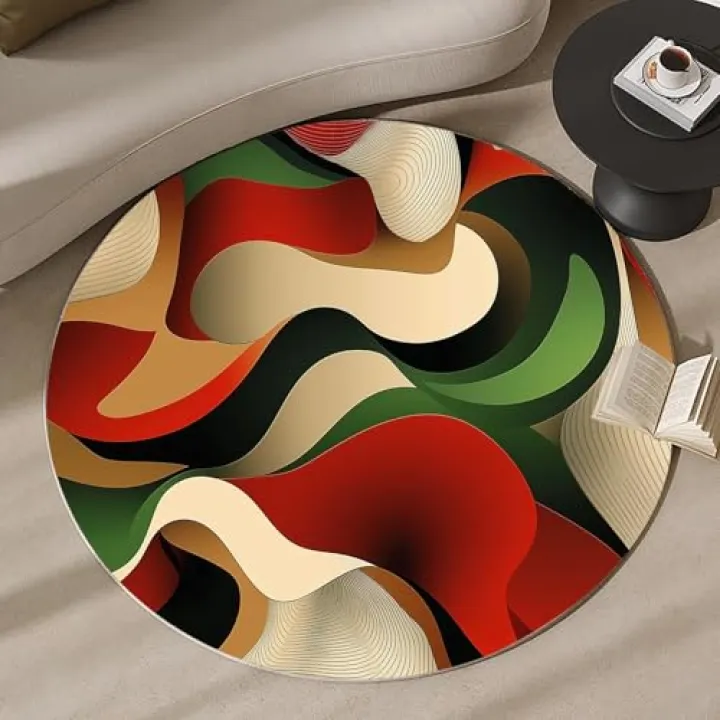 Soft Round Rug 7'x7', Abstract Wavy Geometric Stripes, Washable Circle Rug with Non Slip Backing Play Room, Low-Pile Carpet, Colorful Geometric