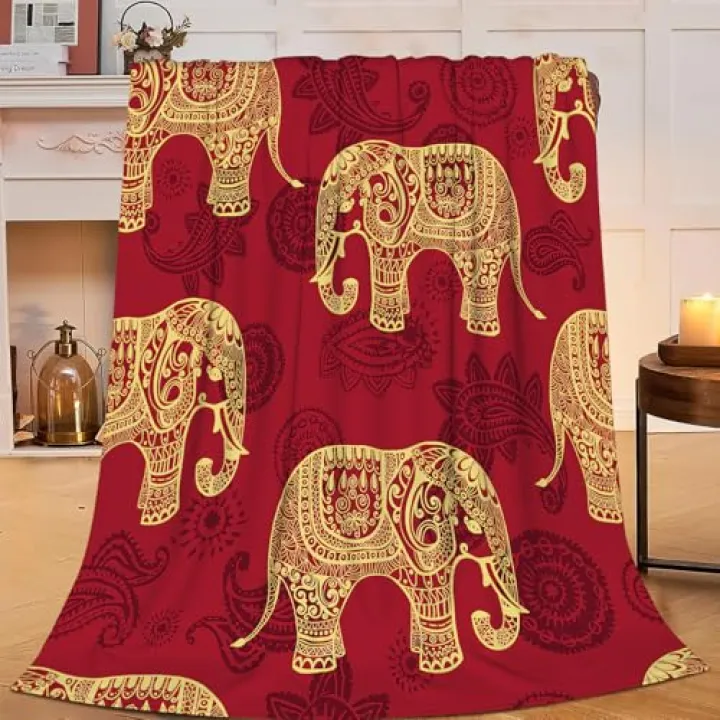 SweetFox Elephant Blanket Red Boho Elephant Decor Throw Blanket Gifts for Girls Boys Super Warm Soft Plush Lightweight Fleece Flannel Winter Couch Bedding Blankets for Kids Adults Women Men 50"X40"