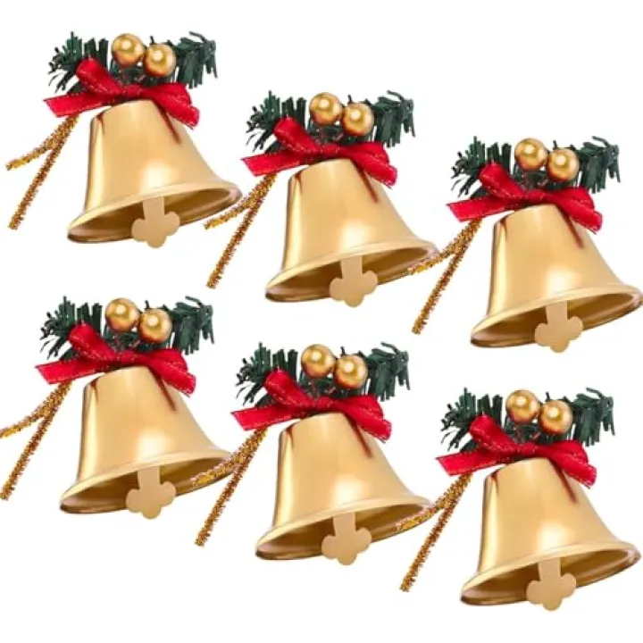 6Pack Christmas Jingle Bells, Gold Gells with Golden Berry Green Grass and Red Bows Tree Hanging Ornament, Xmas Ornament Ringbell for Christmas Tree Pendant Holiday Decoration