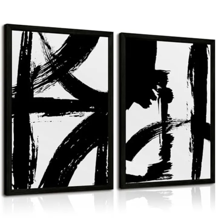 Black and White Wall Art Abstract Modern Painting Minimalist Line Canvas Wall Art Decor Black And White Poster Abstract Artwork Prints for Living Room Bedroom 16x24 Inch Wood Framed Set of 2